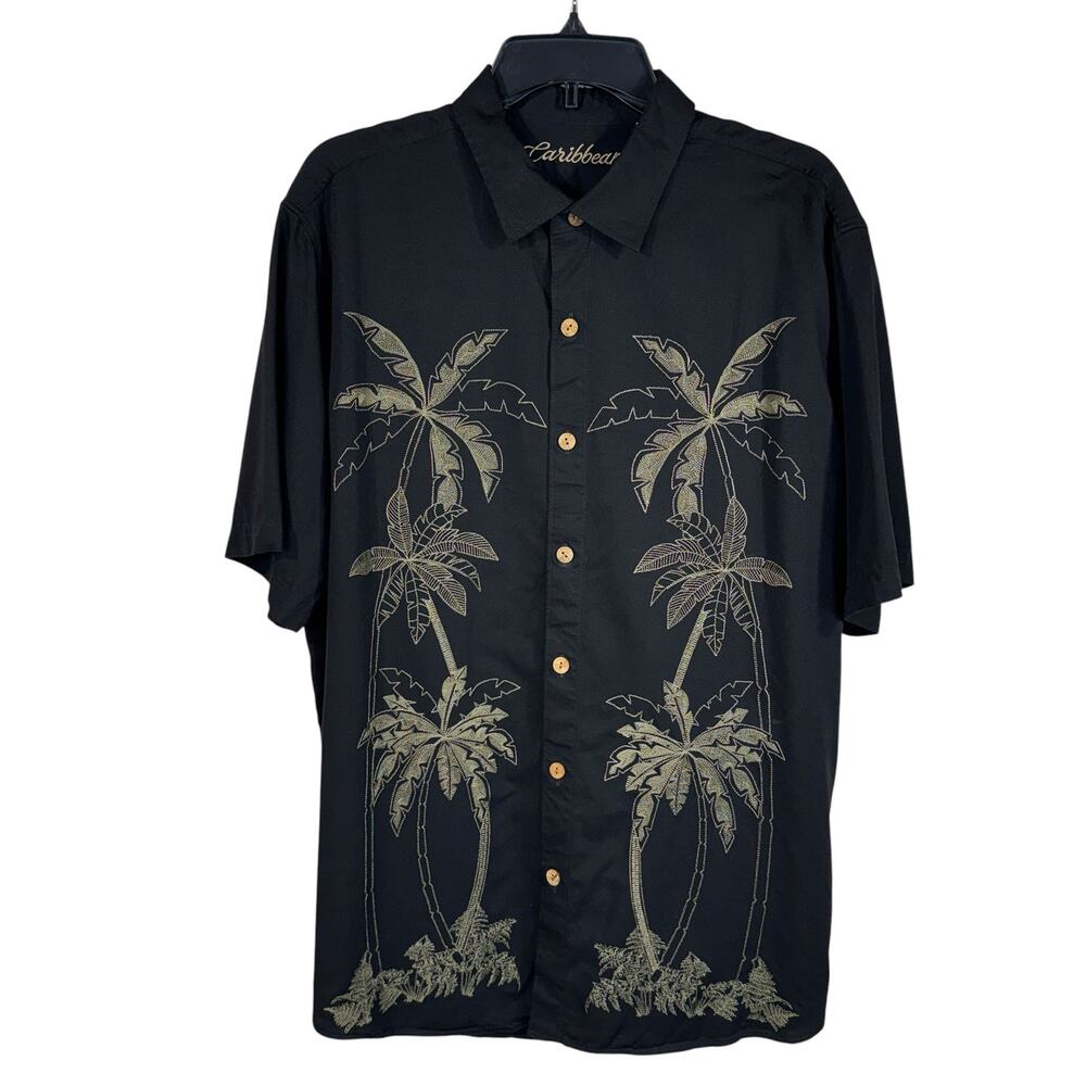 Caribbean Mens X-Large Shirt Button-Up Embroidered Palm Trees Short Sleeve Black